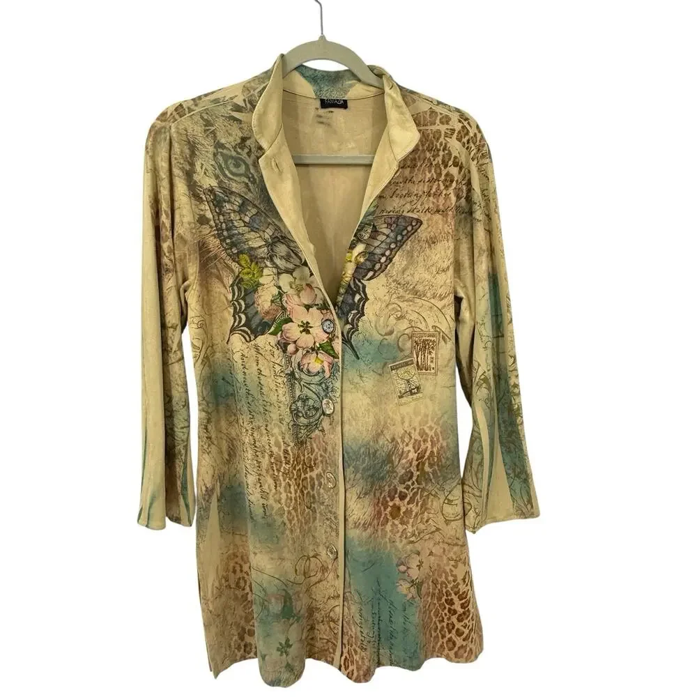 Faux Suede Butterfly Cat Print Tunic Top Women size Medium Button Up Y2K Artsy - Picture 6 of 11
